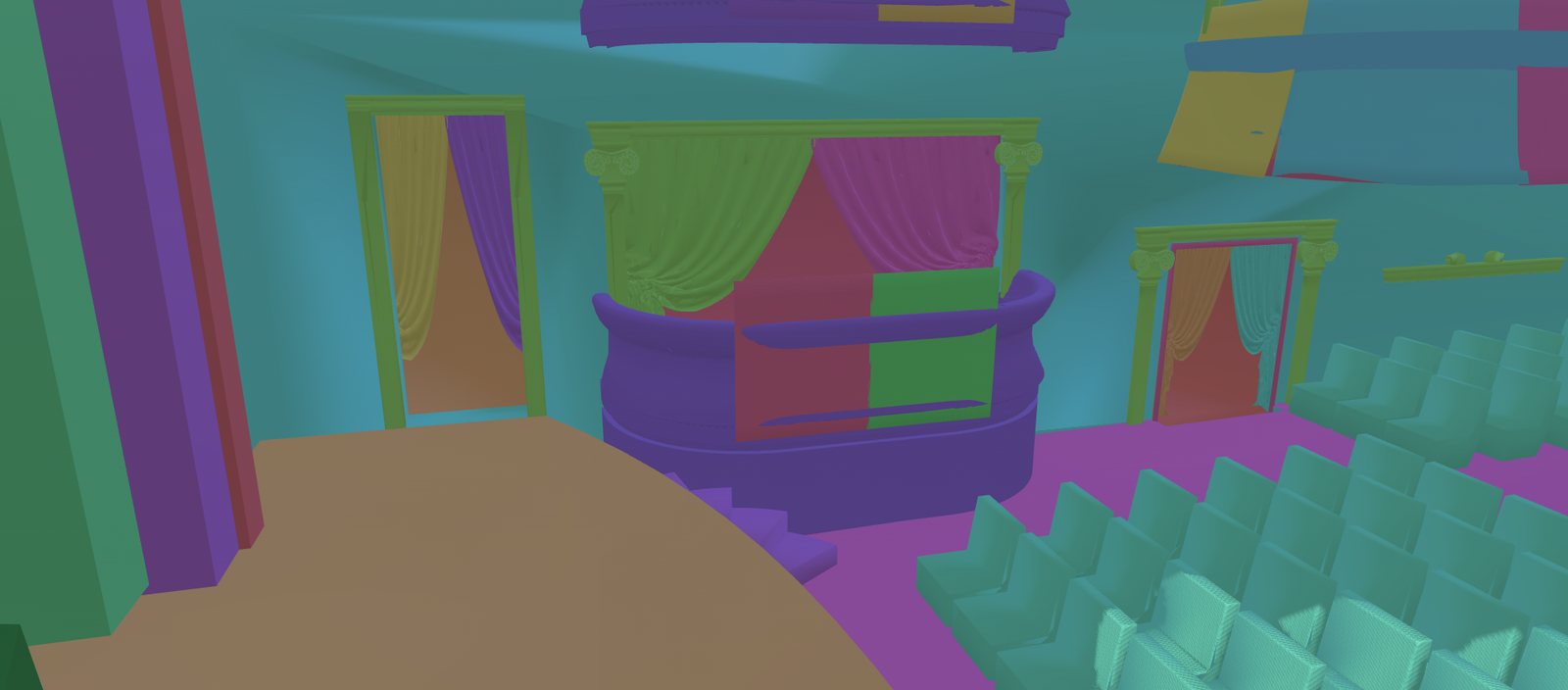A theatre set inside a clag scene, every material shown as a solid stand-in color